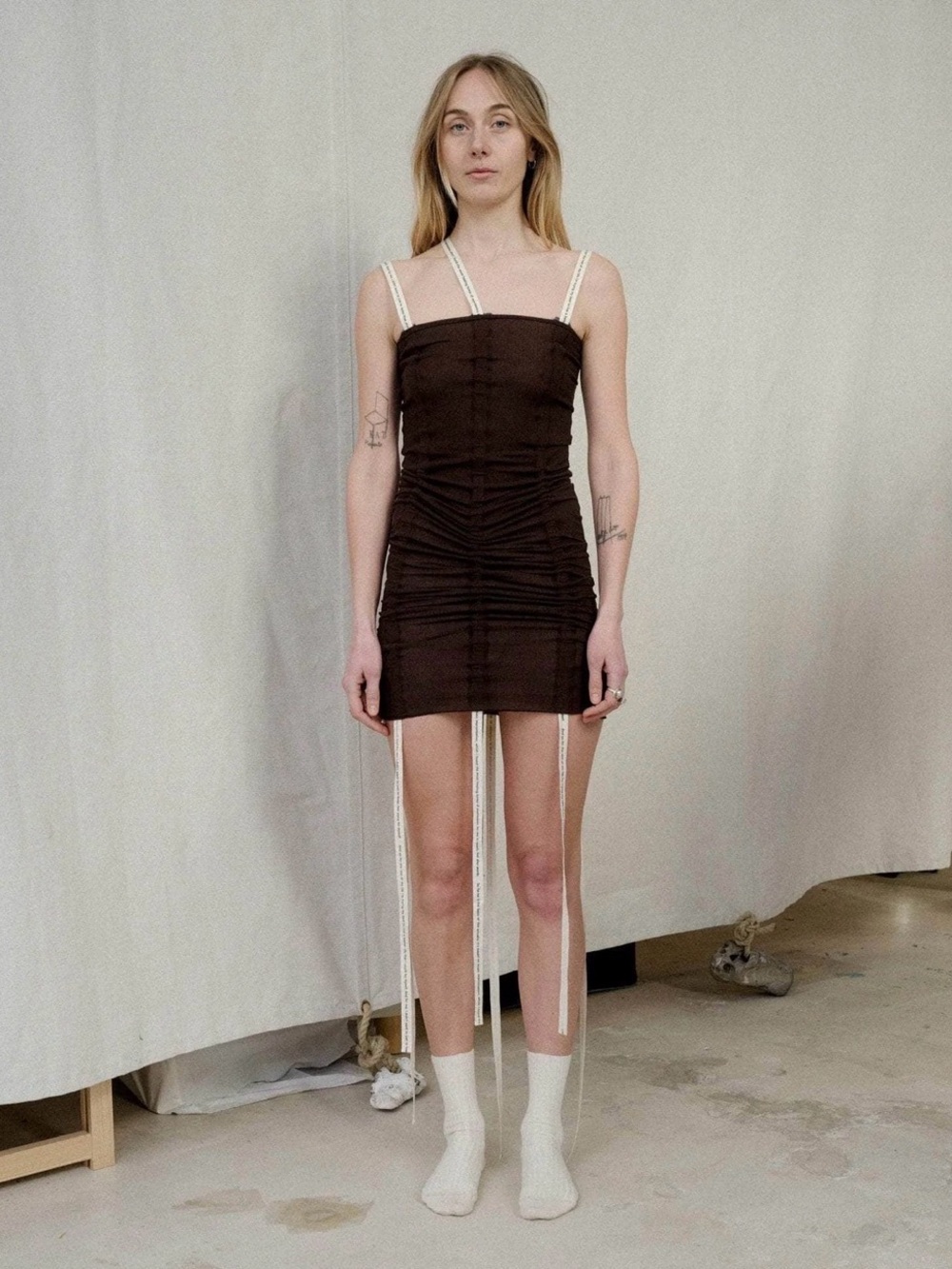 Women's Brown Ruched Tank Mini Dress